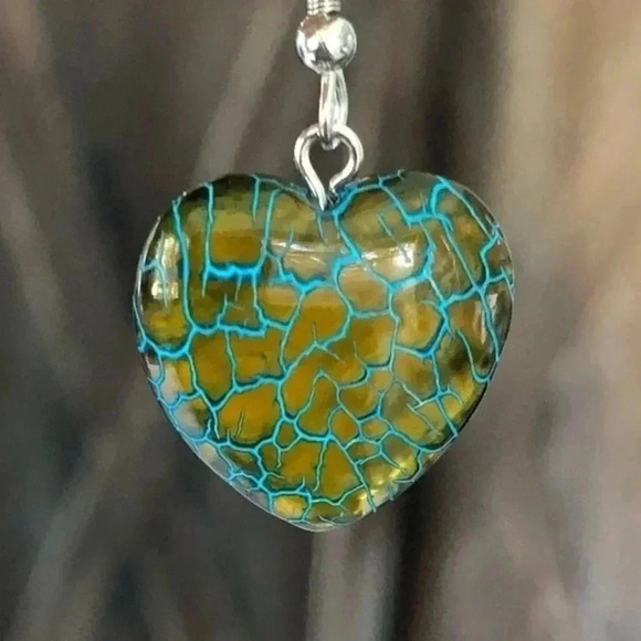 Brown & Blue Heart Dragon Vein Handmade Drop Earrings NWT - Picture 1 of 3